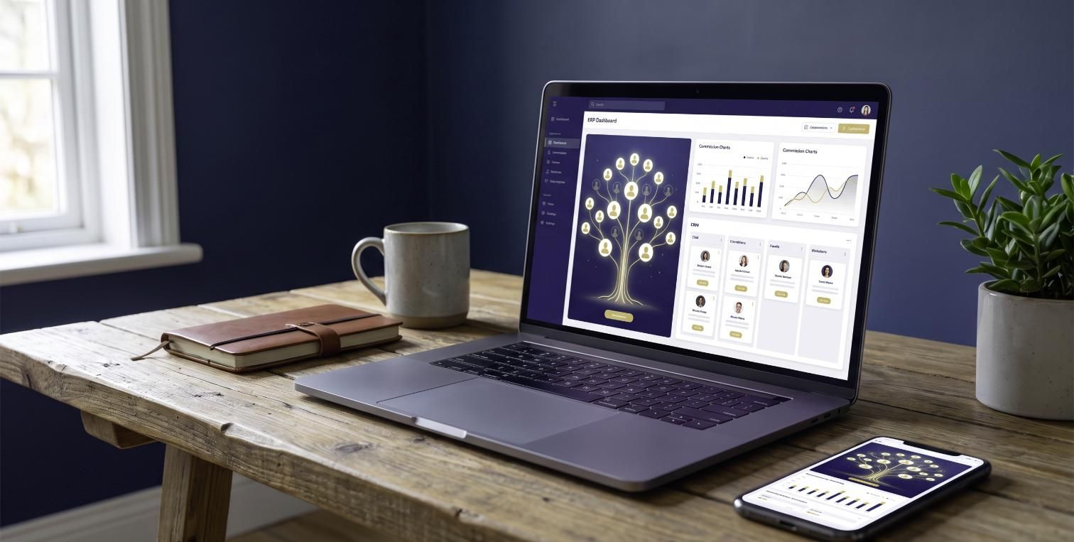 Laptop und Smartphone mit einem Direktvertriebs-ERP-Dashboard mit Partnerbaum, Provisionsdiagrammen und CRM-Board