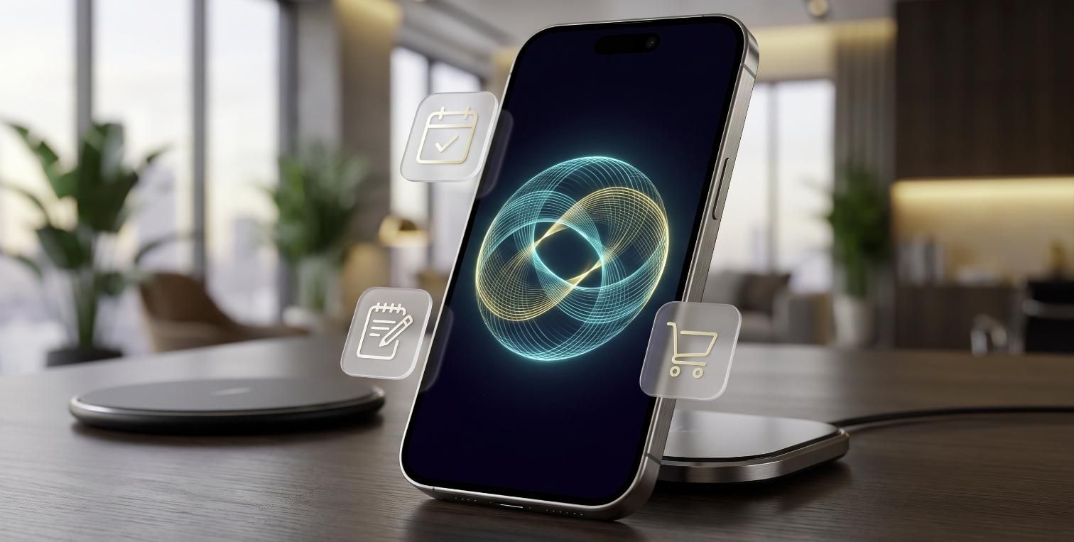 Ein Smartphone mit Novas Sprach-Wellenform, umgeben von Symbolen für Kalender, Notizen und Warenkorb
